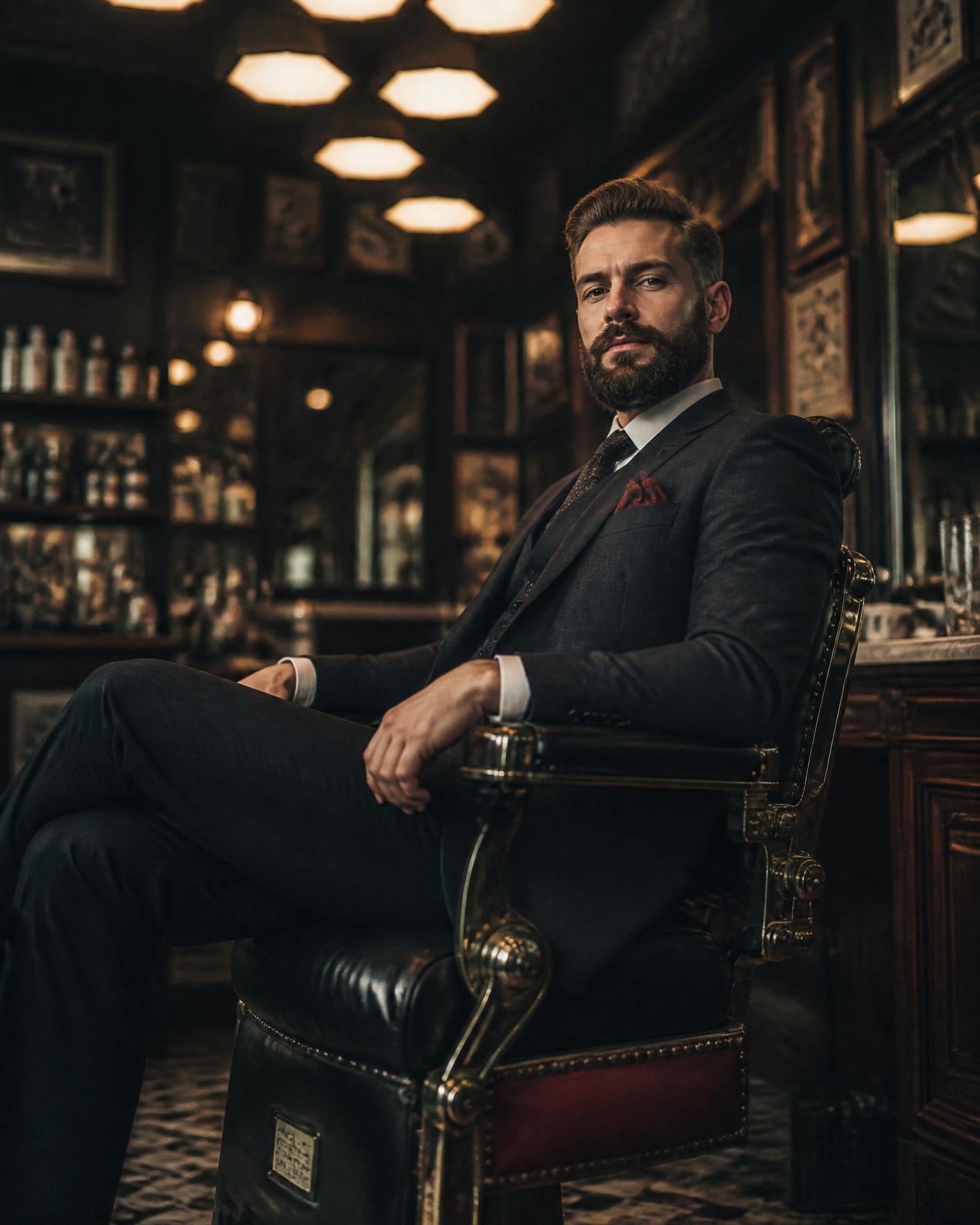 A well-dressed gentleman in a leather barber chair under warm hexagon lighting