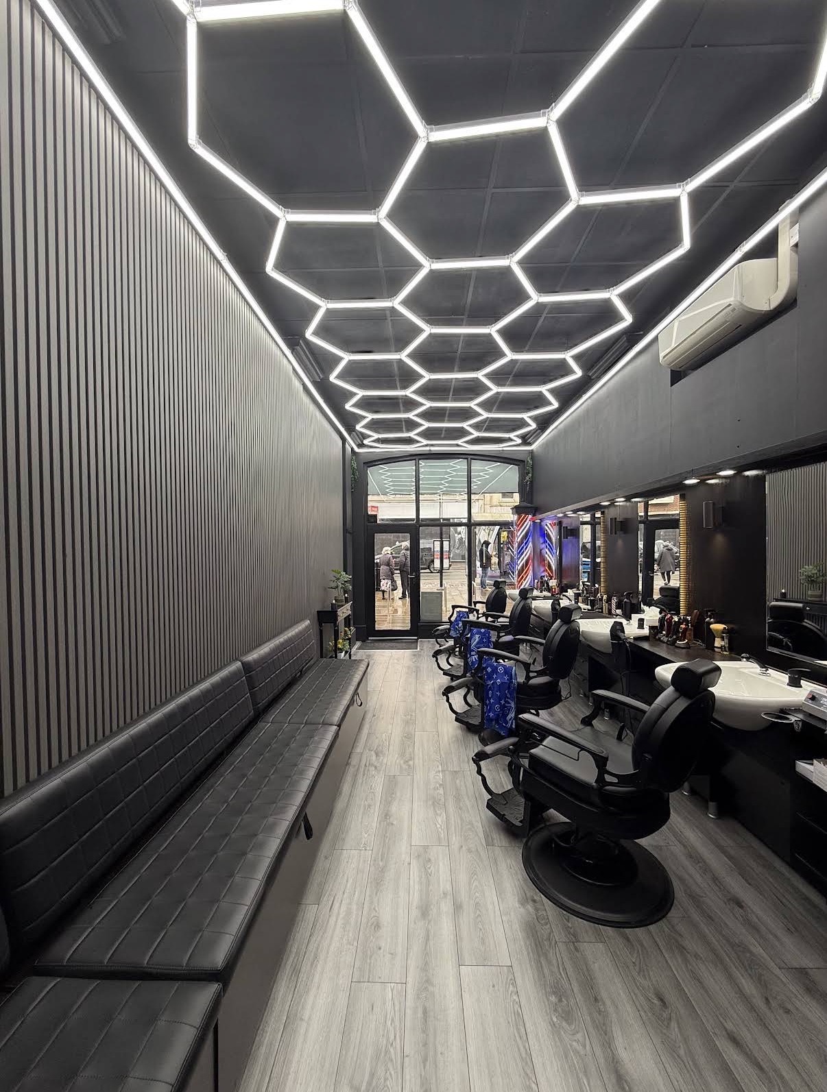 Long view down the row of barber chairs