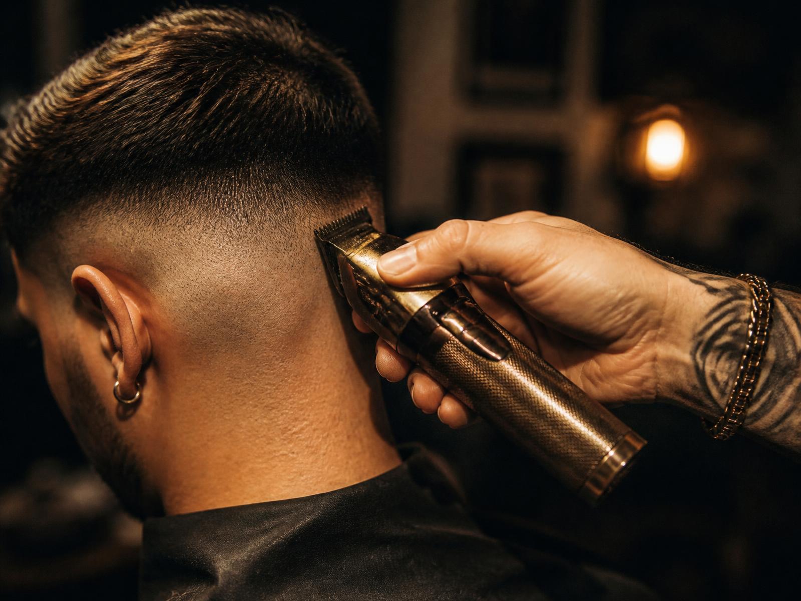 Close-up of clippers finishing a skin fade