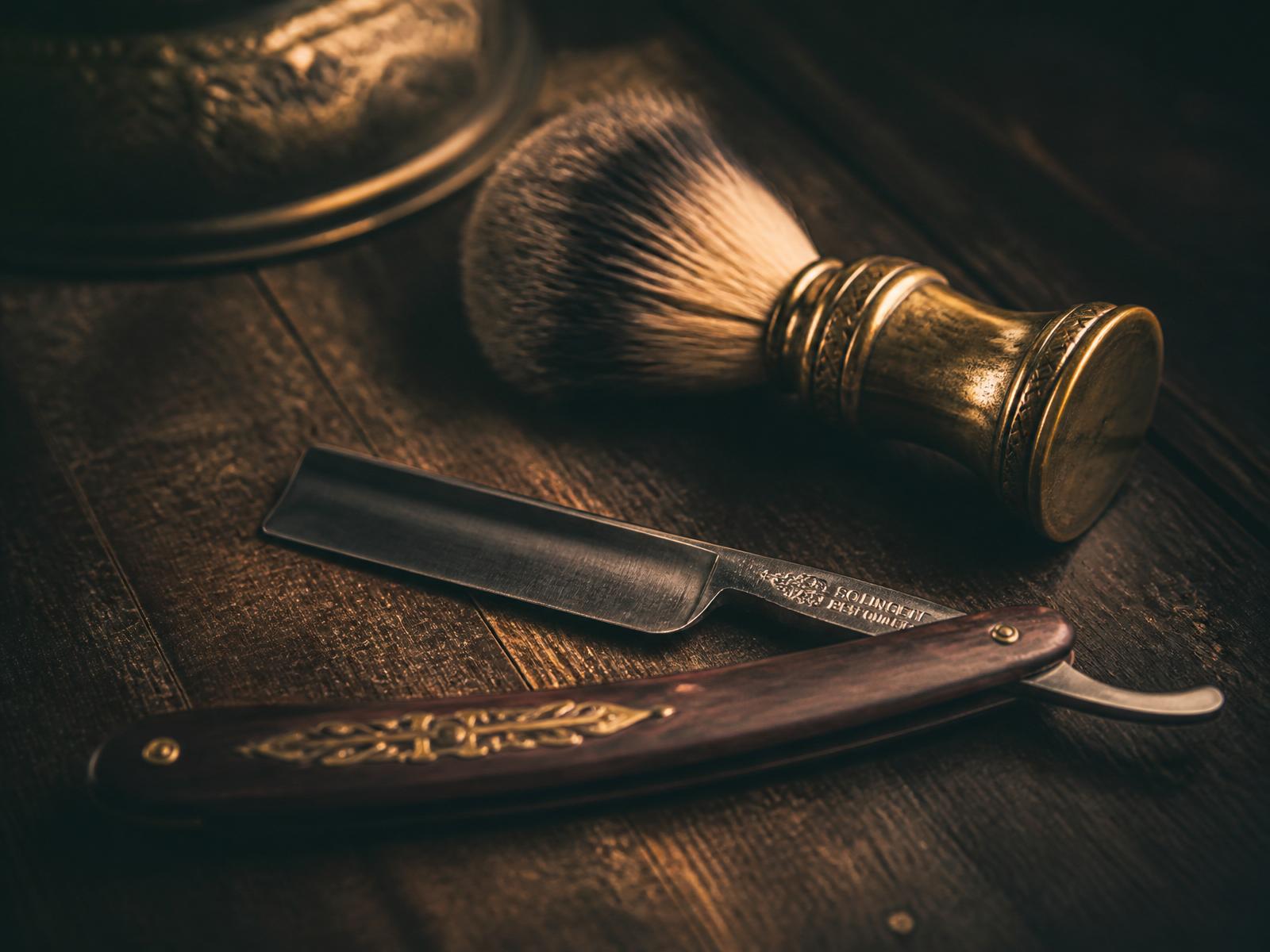 Antique straight razor and brass shaving brush on walnut