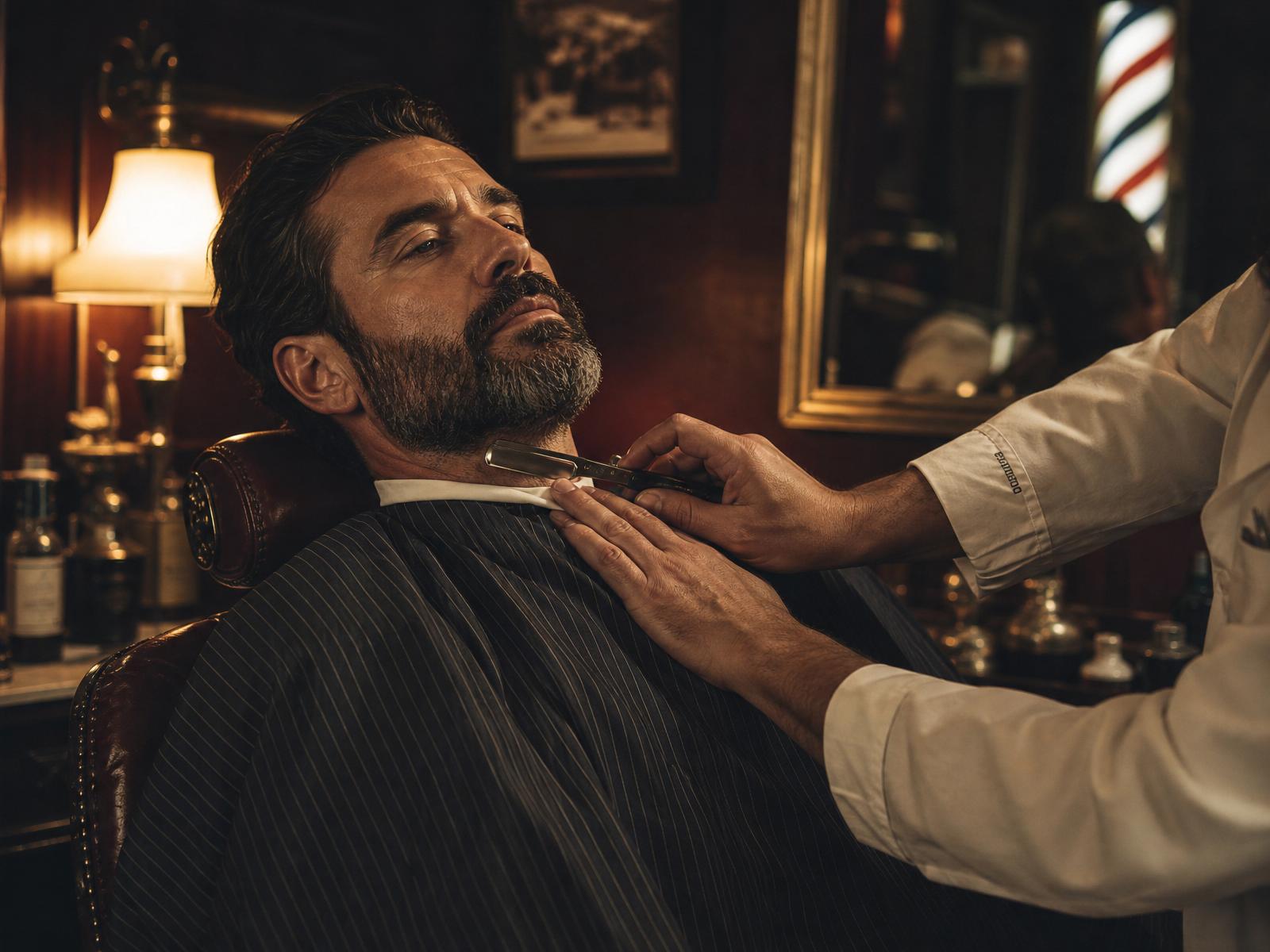 A gentleman receiving a straight-razor shave in the barber's chair